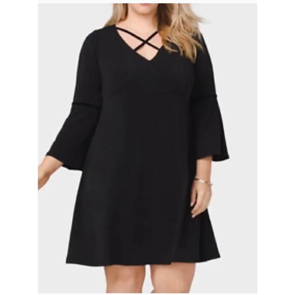 Ashley Graham Dresses & Skirts - Ashley Graham Black Dress Criss Cross Neckline Sz 12 Bell Sleeve Boho Flowy